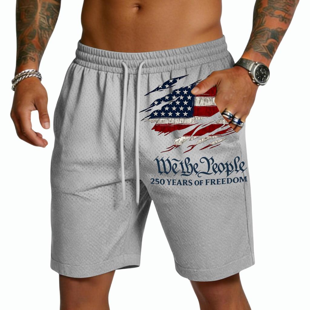 Pantalones Cortos de Malla para Hombre con Cintura de Cordón y Gráfico de Bandera We The 250 Años de Estilo Holgado