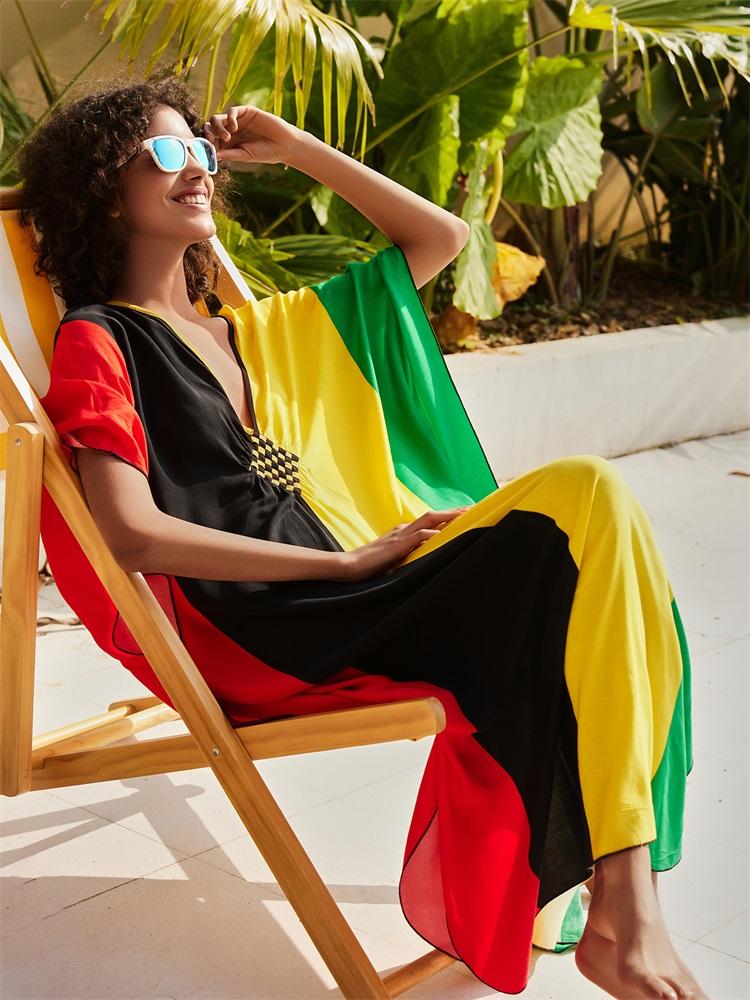 EDOLYNSA Caftán de talla grande para mujer, Vestido largo playero multicolor de verano, ropa para el hogar, traje de baño, caftán holgado