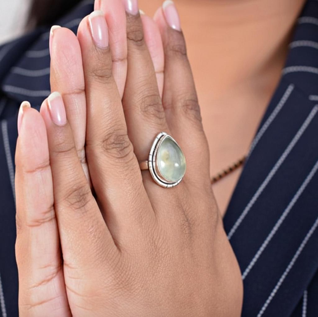 Green Prehnite Statement Ring, 925 Sterling Silver, Minimalist Bohemian Ring for Women