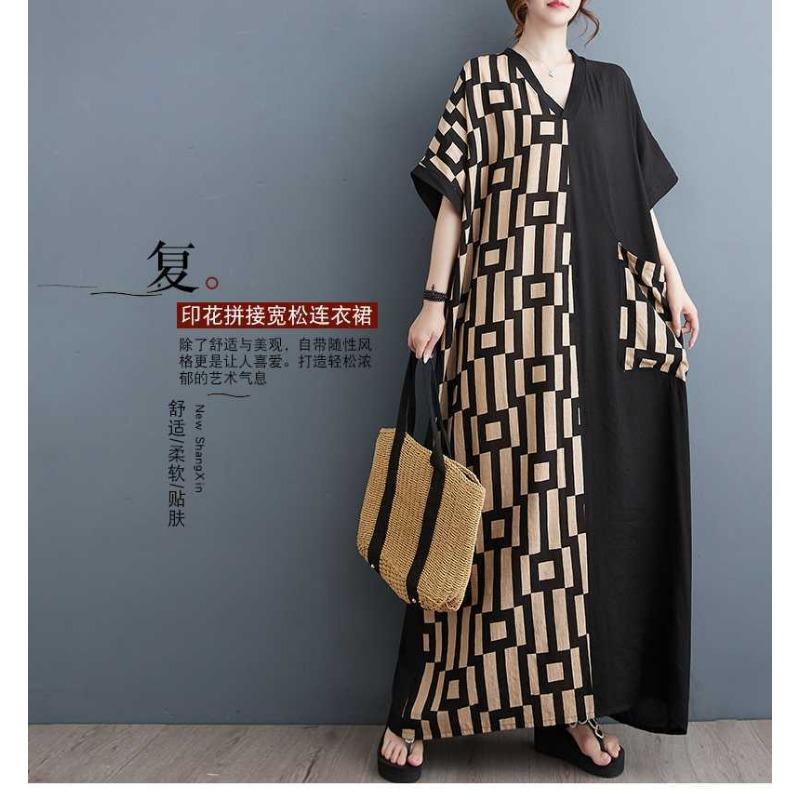Summer New Printing Thin V-neck Short-sleeved Color Collision Splicing Black Long Dresses