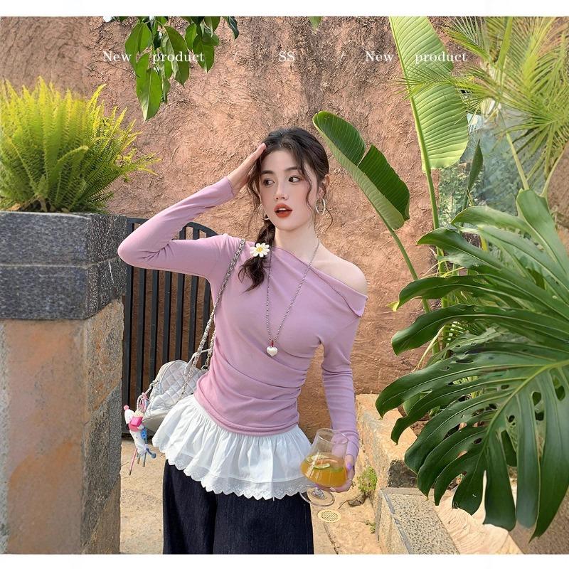 New white slanted shoulder long-sleeved top, women's huge beautiful T-shirt inside, slim-fitting bottoming shirt, early autumn temperament