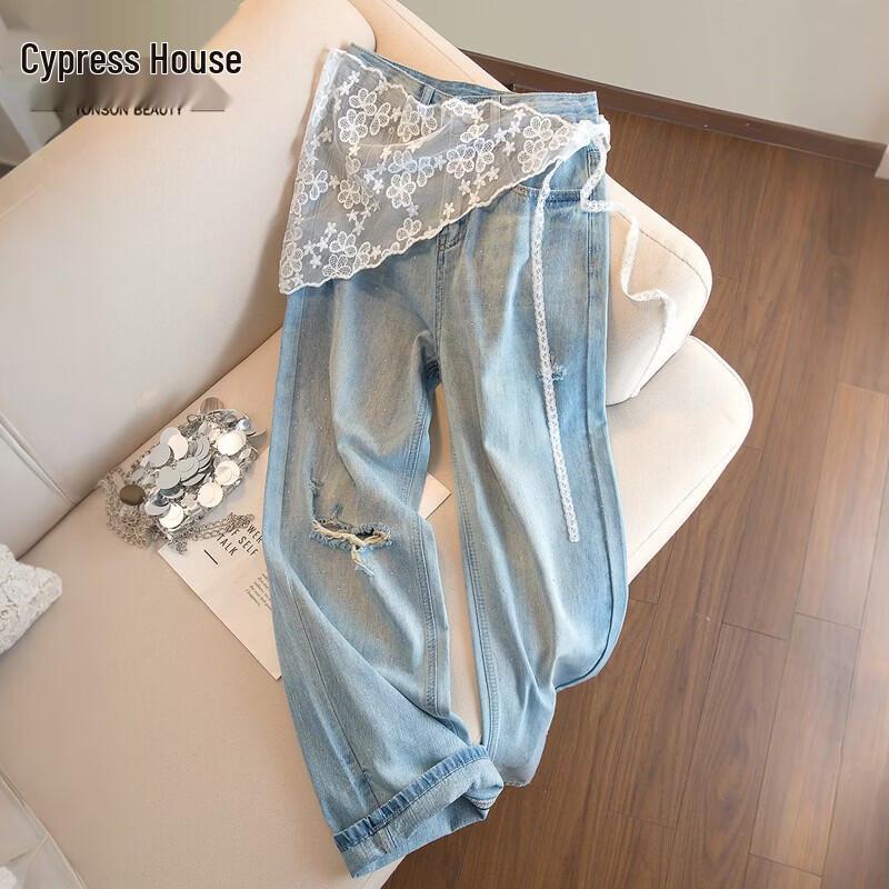 Women s Retro Ripped High-Waist Wide-Leg Jeans L