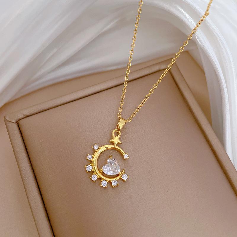 Moon Star Love Light Luxury Temperament Gorgeous Full Diamond Necklace Female Versatile Collarbone Chain Titanium Steel Chain