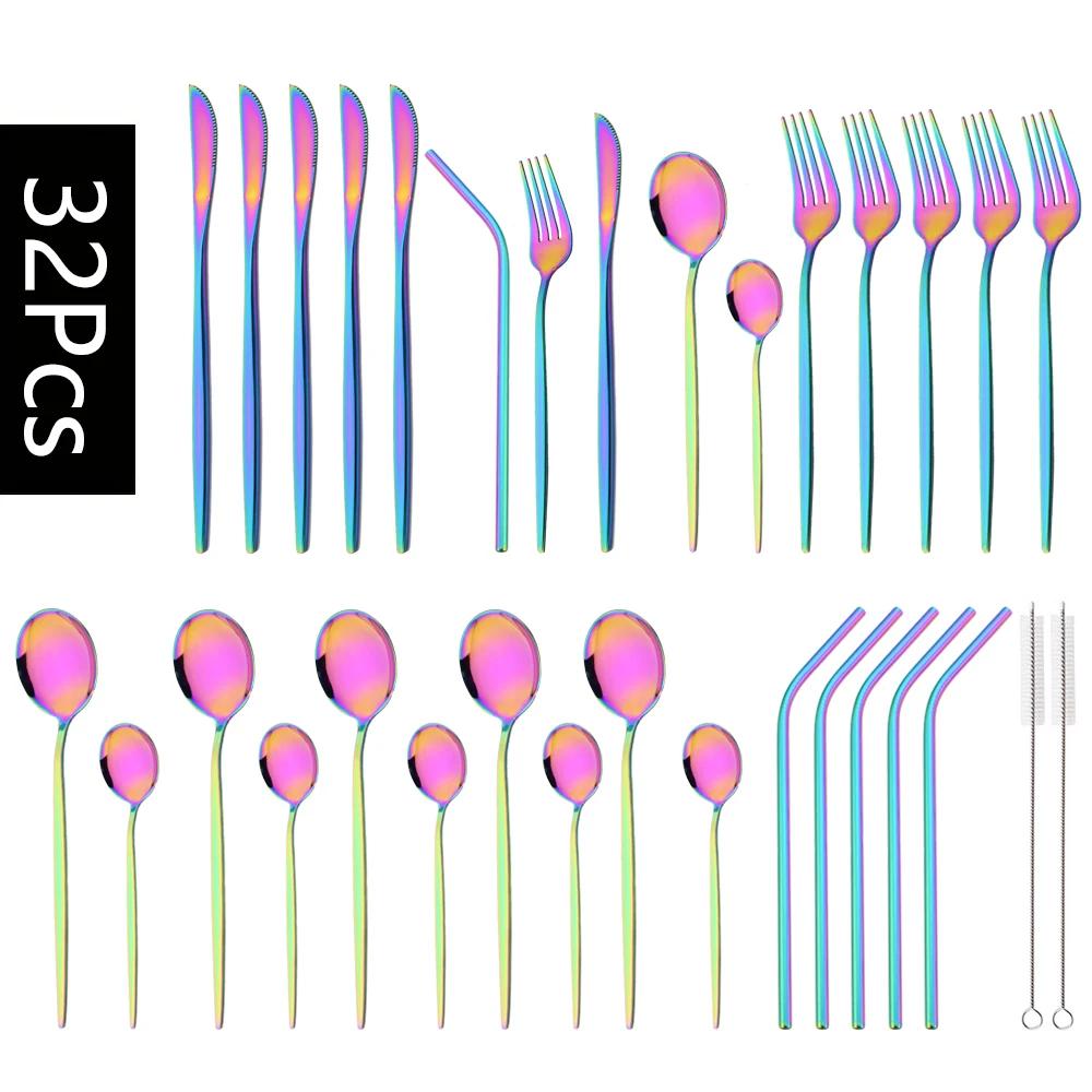 32Pcs Stainless Steel Dinnerware Set Kitchen Black Cutlery Set Knife Fork Spoon Straw Flatware Tableware Western Silverware Set