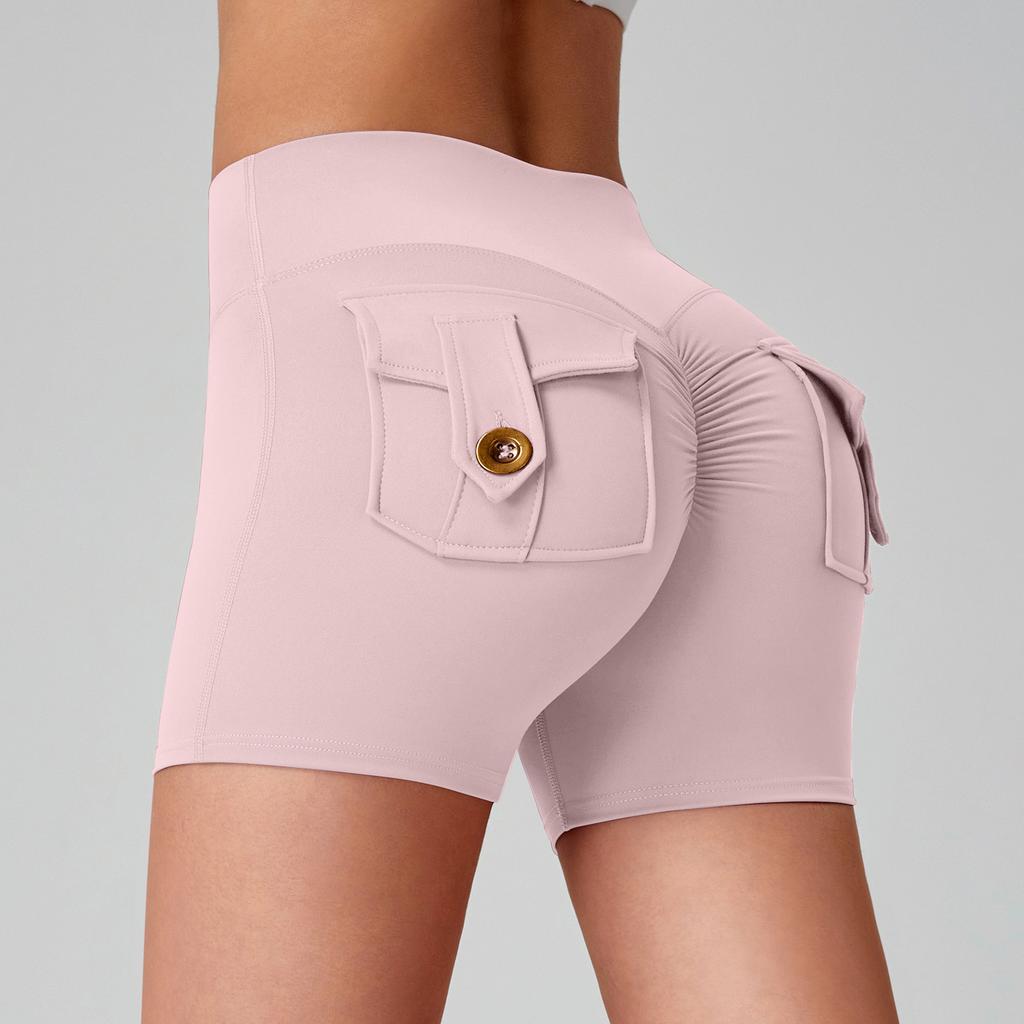 Dámské nákladní jógové šortky s vysokým pasem, design Broskvový zadek, kapsy, 3 body, Šortky na cvičení, Pocit nahoty, Vysoce elastické, Rychleschnoucí, Běžecké šortky