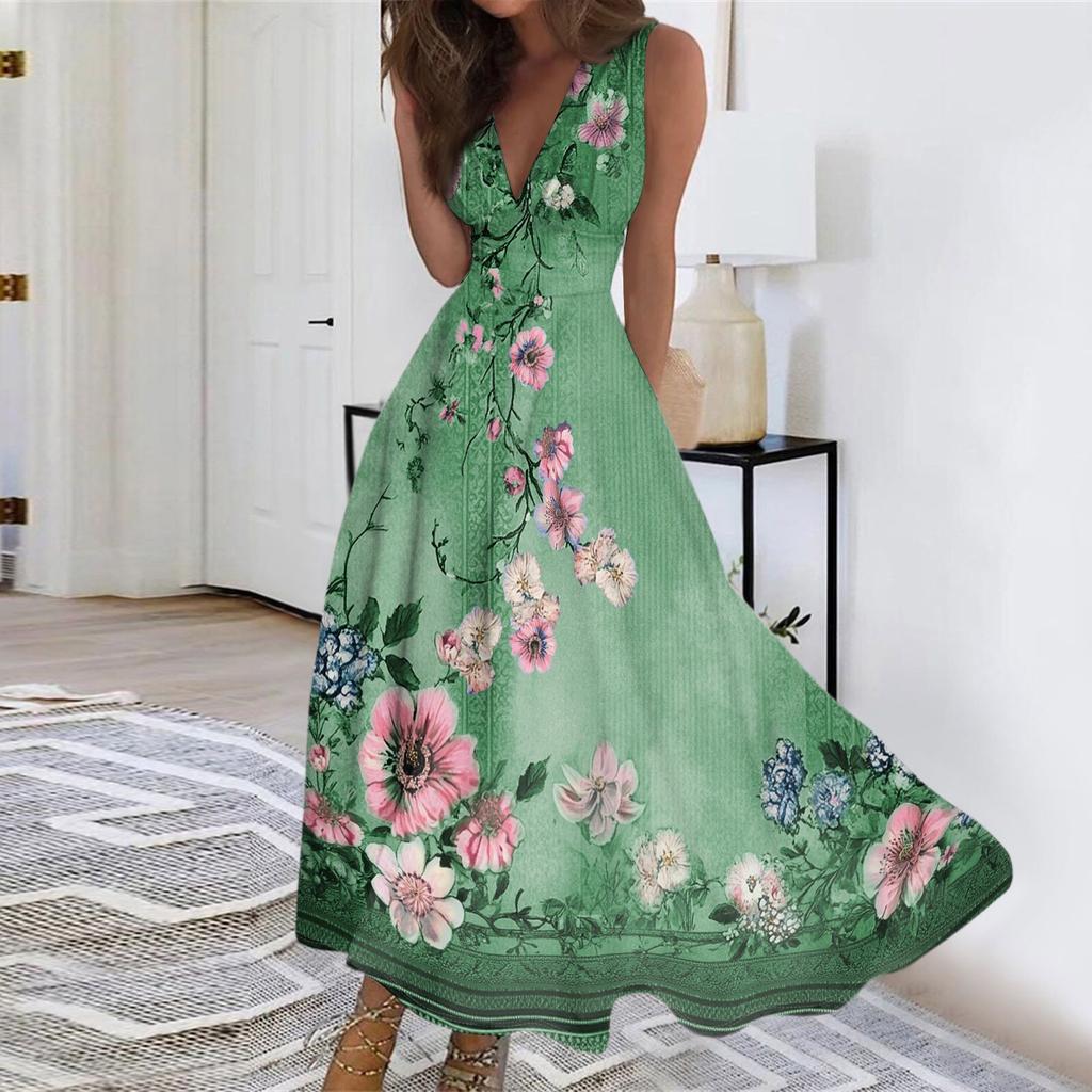 Women's Summer Fashion Retro Print V-Neck Sleeveless Long Dress