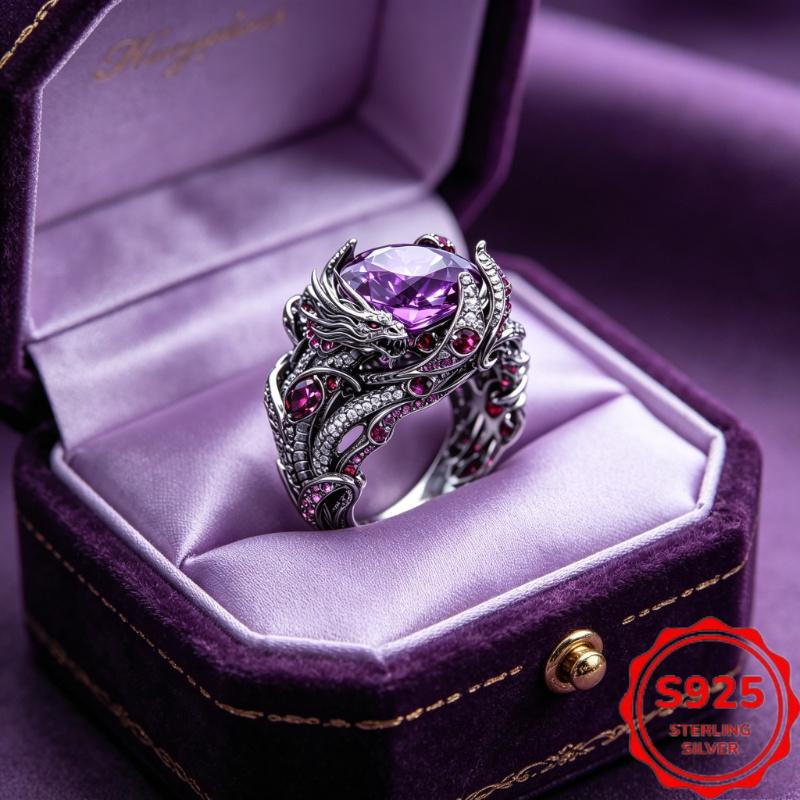 Dark-style dragon-shaped ring for men, vintage design925Silver inlaid amethyst ring, bold gothic design, gift for couples | Non-fading,