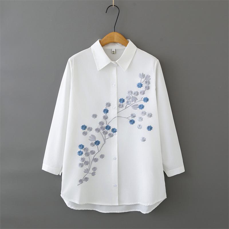 

2026 Spring Plus Size Women s Cotton Long Sleeve Embroidered Shirt - Artistic Style Versatile Slimming Cardigan for Chubby Girls 3XL белый