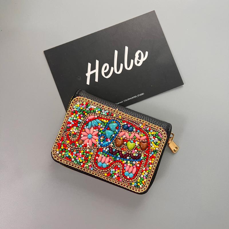 Ethnic Style Card Holder - Multi-layer Premium Hand-feel Vintage Delicate Beaded Zipper Pocket