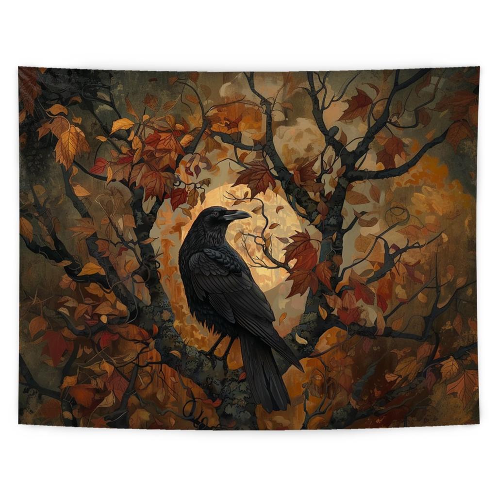 Halloween Gothic Tapestry, Halloween Black Raven Tapestry Wall Hanging, Dark Academia Halloween Black Crow Wall Art Blanket for