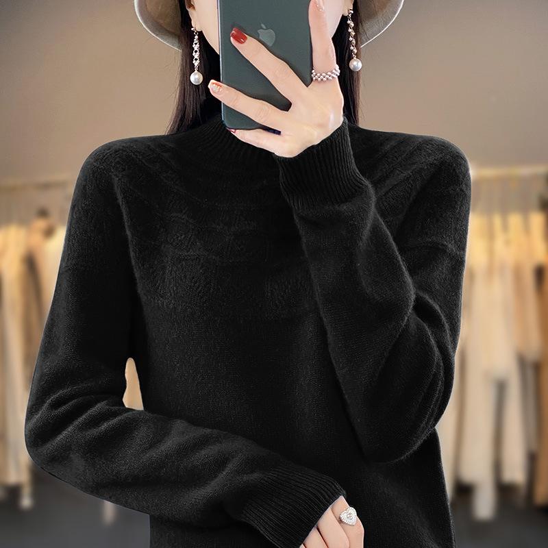 Seamless Knit Semi High Neck Women Long Sleeve Sweater Loose Fit Slimming Pullover Top
