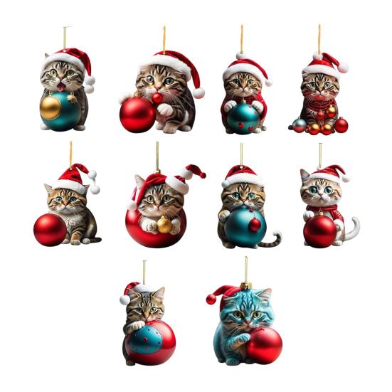 10Pcs Car Rearview Mirror Pendant 2D Acrylic Cat Charm Christmas Tree Ornament Car Interior Accessory