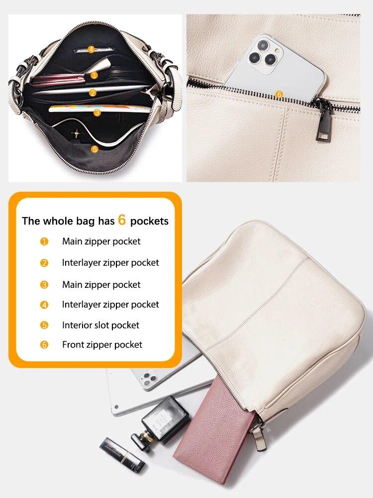 Zency New Black Beige Genuine Leather Hobo Bag Women Simple Classic Casual Handbag Shoulder Tote Soft Crossbody Big Pockets