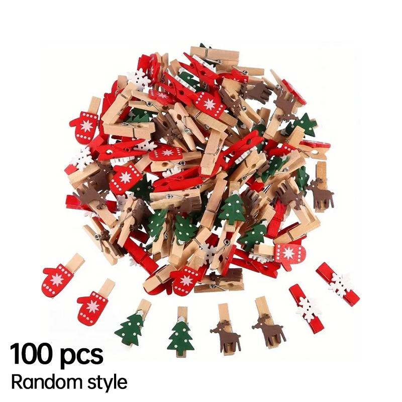 100/50pcs Xmas Wooden Clips Random Style Christmas Tree Photo Clip Pendant Elk Gloves Snowflake Modeling Clip DIY New Year Decor