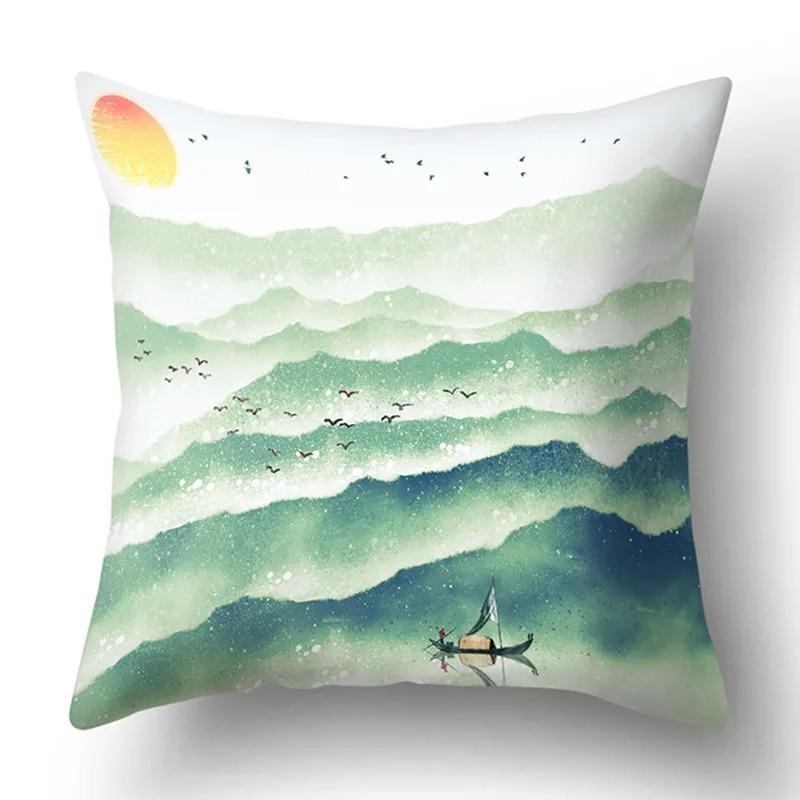 Ink Landscape Painting Pillowcase Bedroom Room Home Decoration Office Seat Living Room Sofa Cushion Cover 45x45cm