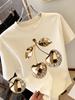 Golden Cherry Print T-Shirt with Diamond Embellishments Spring Summer Essential Lightweight Casual Suitable for Parties Clothing