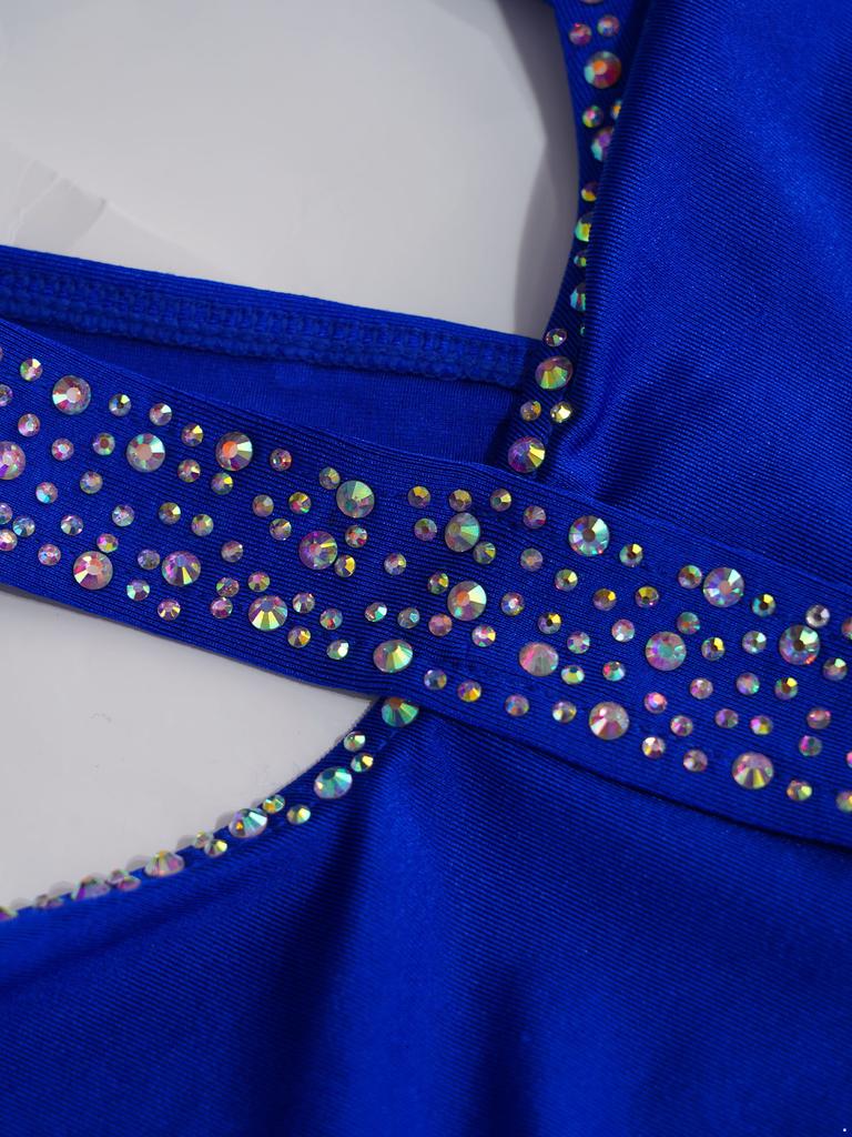 Girls Latin Dance Costume Sparkly Rhinestones Halter Leotard with Feather Skirt for Performance