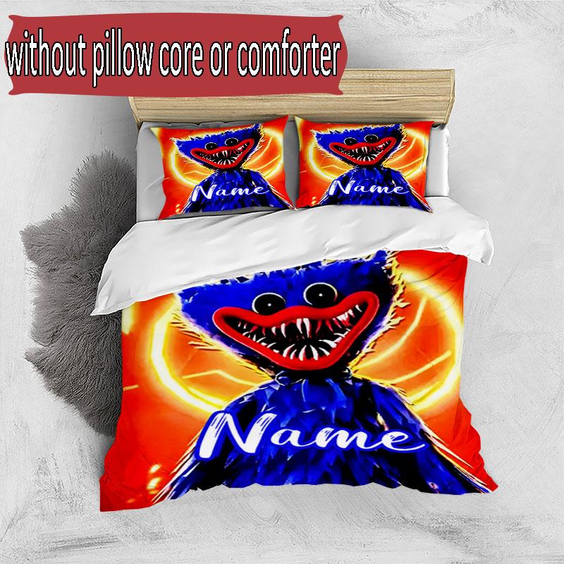 3pcs Duvet Cover Set (1*Duvet Cover + 2*Pillowcase, Without Core), Custom Name Huggy Wuggy Pattern Bedding Set, Home Bedroom Decor Gift