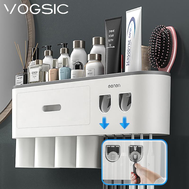 

VOGSIC магнитный держатель для зубных щеток настенный стеллаж для хранения чашек с 2 дозаторами для зубной пасты для домашнего органайзера аксессуары для ванной комнаты