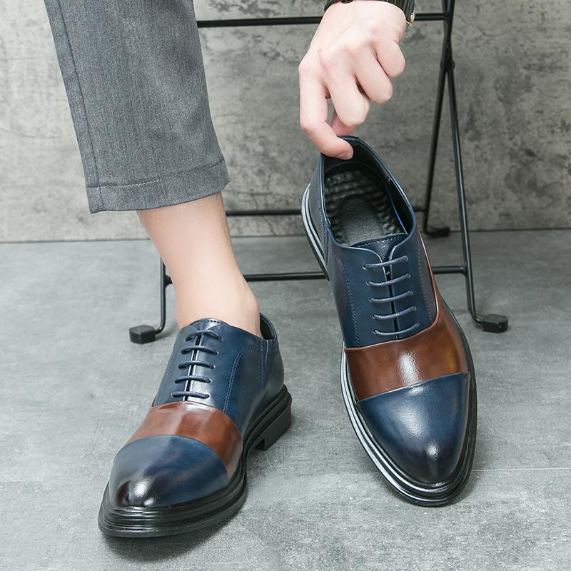 Fashion Men Formal Shoes Brown Blue Patchwork Patent Leather Business Fashion Derby Shoes Wedding Social Shoes Sizes 38-46 Men Shoes