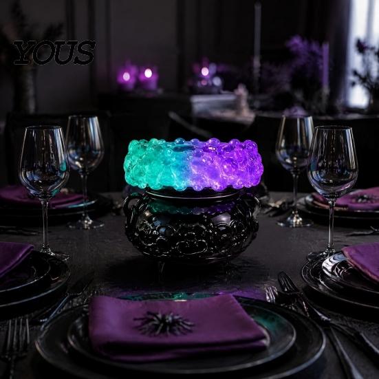 Halloween Cauldron Decoration LED Bubble Light, Color Changing Witch Potion Lamp, Spooky Gothic Glowing Brewing Prop Light Up Candle Holder for Party