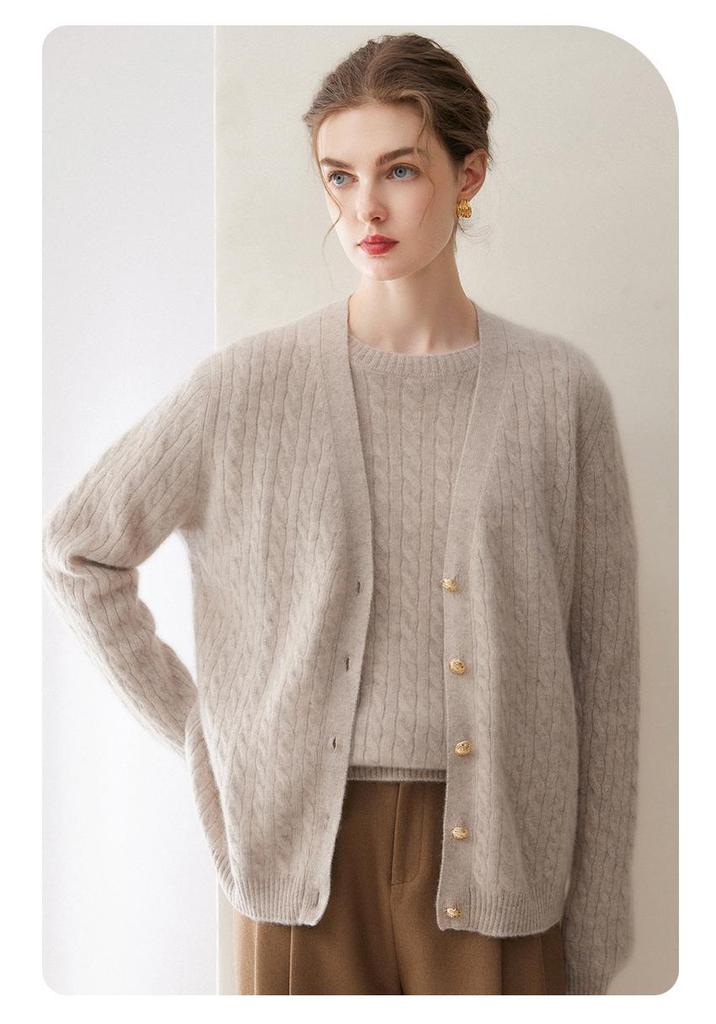 Kang Sai Ni Women's 100% Cashmere Cable Knit Retro Sweater