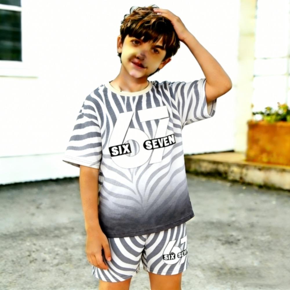 67 Gradient Zebra Color Printed Kids T-shirt and Shorts 2 Piece Set Summer Casual Outfit for Boy's and Girl's Kids Clothing Top