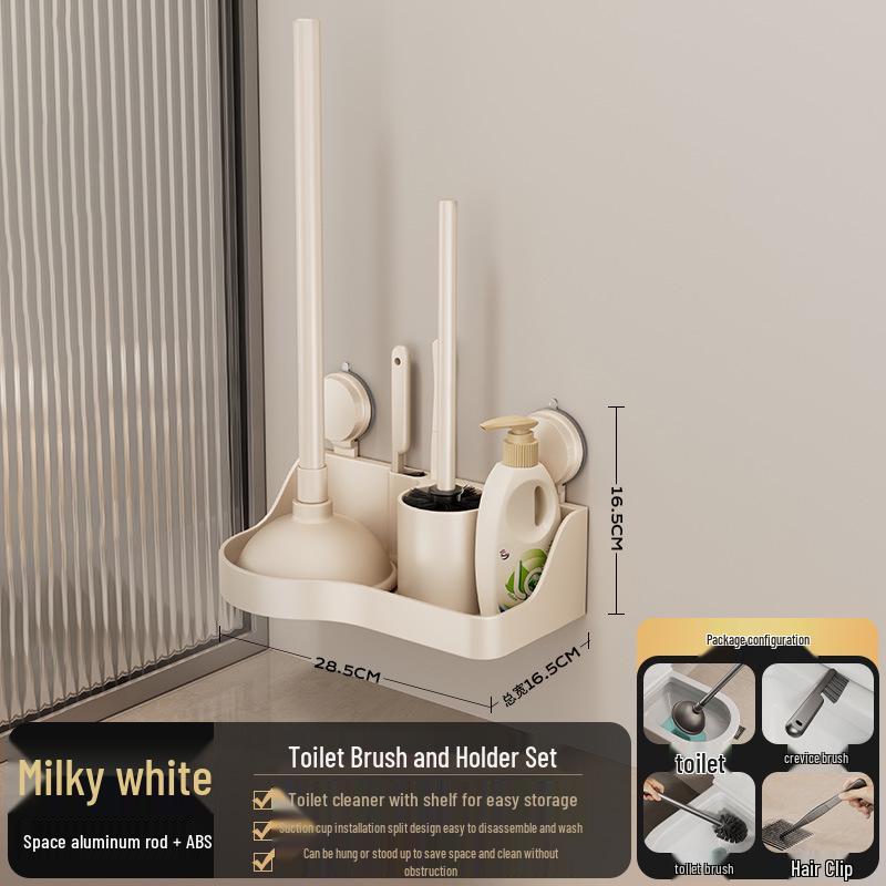 Wall-Mounted No-Drill Toilet Brush Set with Storage Rack