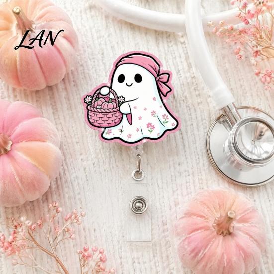 Lightweight Retractable Badge Holder Halloween Ghost Reel, Glitter Acrylic Clip, Cute Pink Smooth Cord Reel ID Name for Women Nurse Teacher