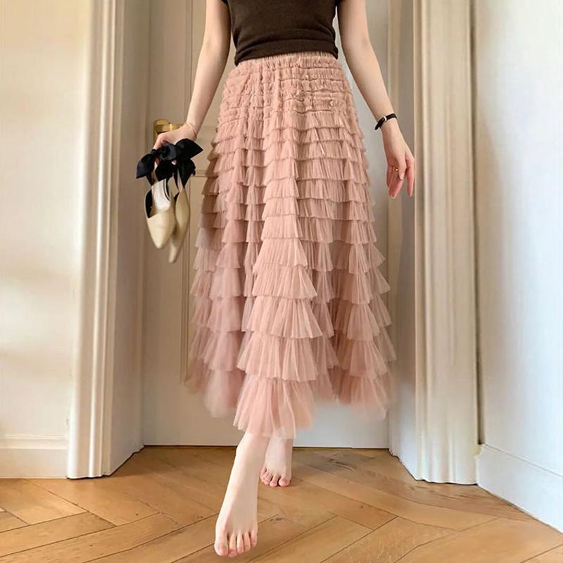 Tutu Cake Skirts Women Elegant Cascading Ruffles A Line Long Skirts Female Casual Elastic Waist Party Lace Skirt Faldas