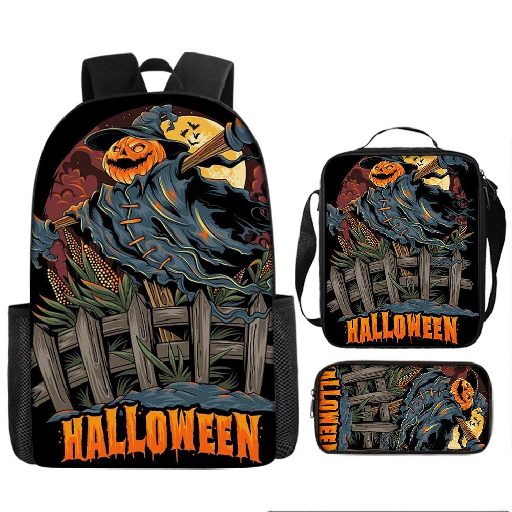 Halloween Backpack Pumpkin Ghost 3-Piece Set Schoolbag Kids Shoulder Bag Cute Bookbag for Boys Girls