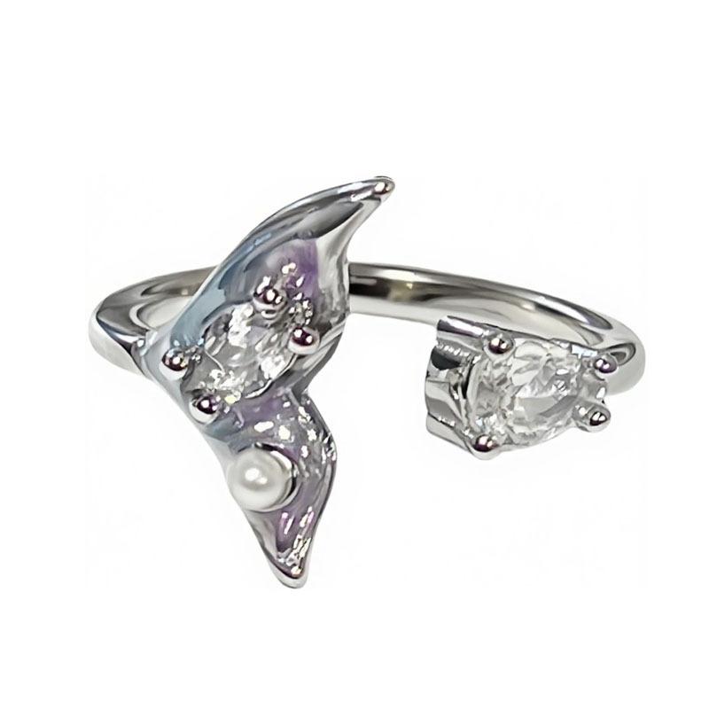 Ocean wind gradual change fish tail simple design pearl light luxury ring femininity personality butterfly fashion index finger ring