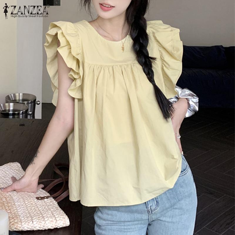 

ZANZEA Женская повседневная летняя блузка с круглым вырезом и оборками с короткими рукавами