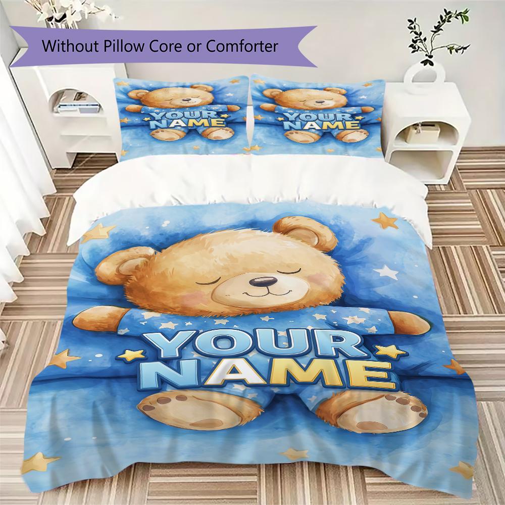 Custom Name Rainbow Heart Bear Love Bedding,Quilt Set Quilt Cover Pillowcase Home Birthday Gift(1 * duvet cover + 2 * pillowcase, without core)_lx