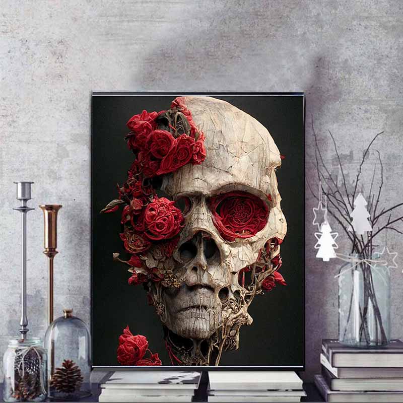 DIY Diamantmalerei Rose Schädel Kreuzstich-Set, Mosaik Kunst Diamantmalerei Vollkreis Diamant Heimdekor Wandbild