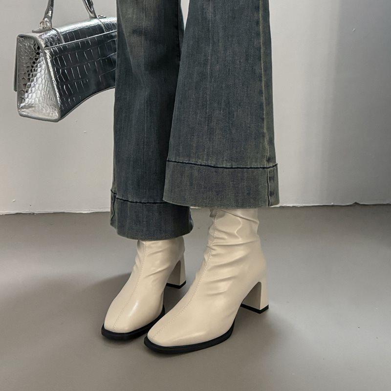 2025 Medium Boots Black Pleated Square Head High Heel New Thick Heel Retro Thin Boots Short Women's Boots French Stacking