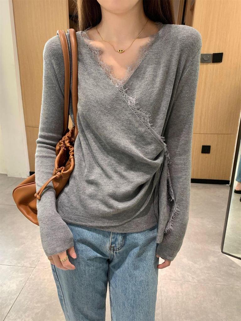 Korean Style Patchwork Lace Waist-Hugging Irregular Knit Top for Women