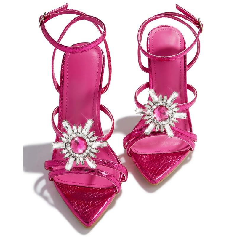 

Fashion Luxury Pointed Toe Rhinestone Heeled Sandals Women Ankle Strap Buckle Crystal Slide Sandals Sexy Banquet Plus Size Dress Shoes 36 фуксия