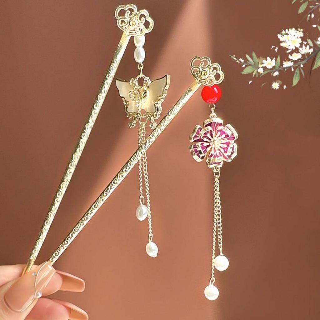 2025 Neue Metall-Haarnadel für Frauen Vintage Chinesischer Stil Drama Schmetterling Bambusblatt Quaste Haarstab Mädchen Mode Haarnadel 1 Stück