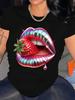 Women'S T-Shirt - Black with Red Lips And Strawberry Pattern - Soft And Breathable Fabric - Suitable