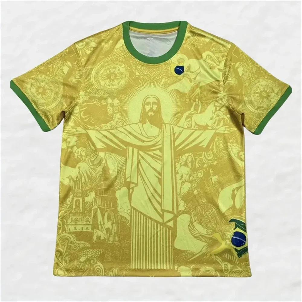 ETST35 2026 Zomer Brazili&euml; Speciale Editie Jezus Zwart Grijs Voetbalshirt Ademend Sneldrogend Ronde Hals Korte Mouw T-shirt 4XL