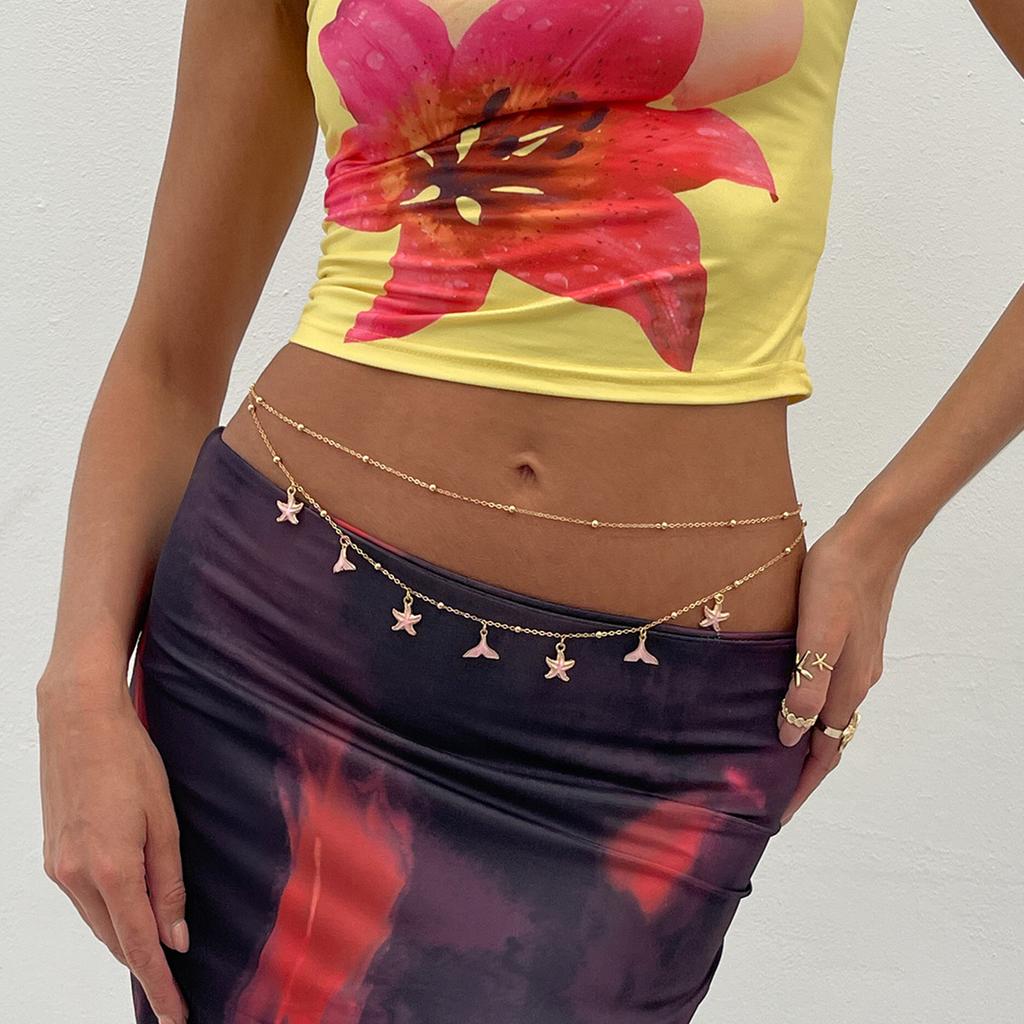 Ocean Vacation Wind Starfish Tail Waist Chain, Sexy Metal Chain Body Chain Waist Chain