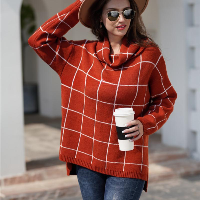 IHUASU Women's Autumn and Winter High Neck Pullover Loose Commuter Knit Sweater Plaid Fashion Jumper
