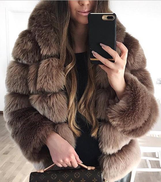 Women's Mid-Length Faux Fox Fur Jacket with Hood - Thickened Winter Patchwork Coat Long Sleeve