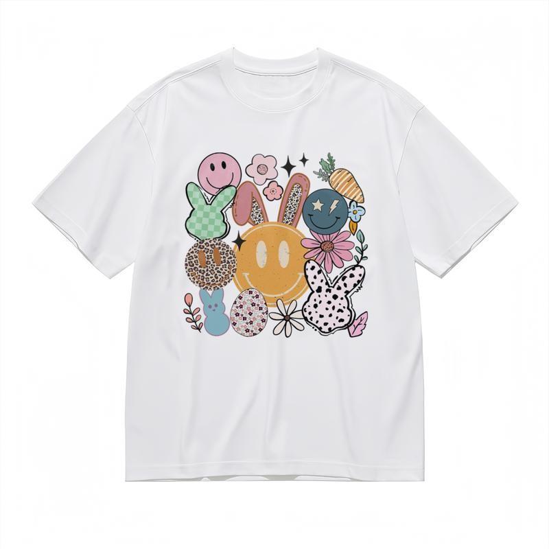Men's Trend Comfy Classic T-Shirt Smiley Face With Bunny Floral Mix Tee
