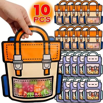 10/20pcs Creative School Bags Shape Cookie Candy Plastic Zipper Bags, Snack Packaging For Birthday Graduation Party Present Handbag