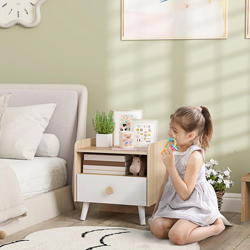 Kids Bedside Table with Drawer and Open Storage Shelf, Wooden Nightstand for Bedroom, Bedside Cabinet, White