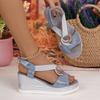 New style fashion round head open toe solid color one-word foot cover women's large size wedge sandals