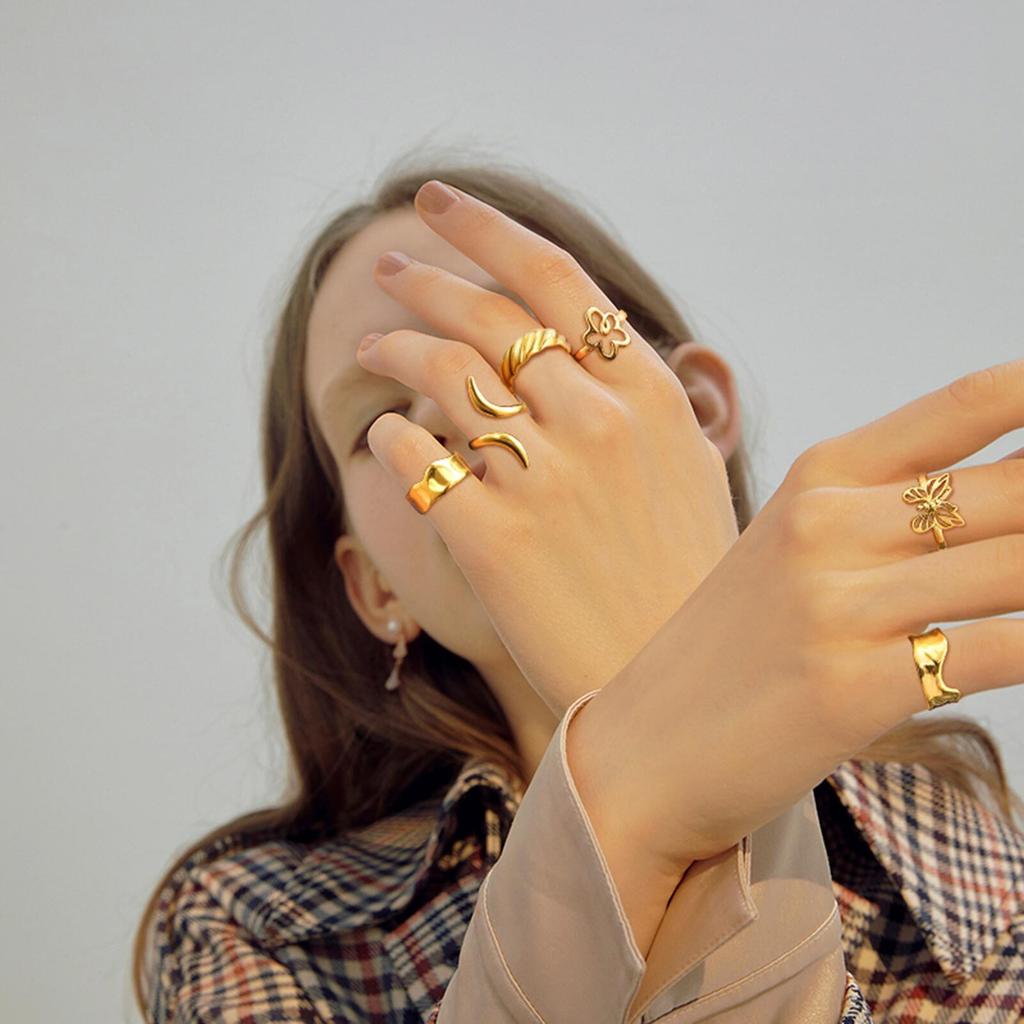 Vnox Gold Plated Stainless Steel Rings For Women, Flowers Butterfly Irregular Shaped Finger Rings Aesthetic Jewelry Wholesale