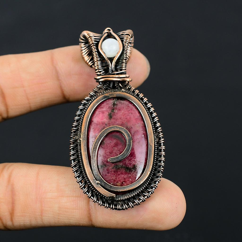 Natural Rhodonite,Moonstone Stone Handmade Copper Wire Wrap Pendant 2.36" Z2Z53